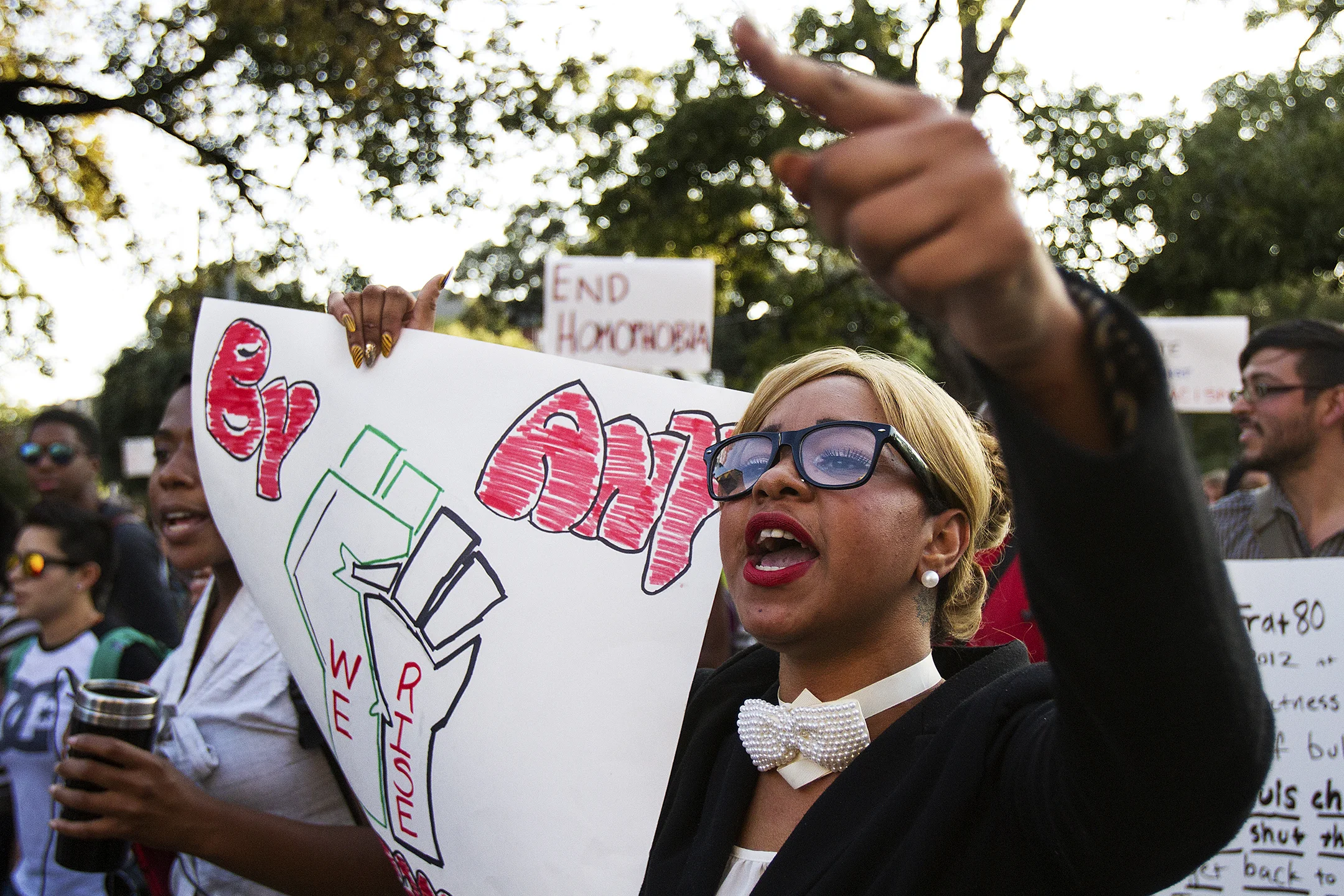 Jamilah Beene, an African Diaspora studies major at the University of Texas, chants slogans at a rally held Oct. 2, 2012. The rally, which began at the University of Texas and marched through the West Campus neighborhood, protested racism in the university and in the neighborhood. Around 200 people were in attendance.