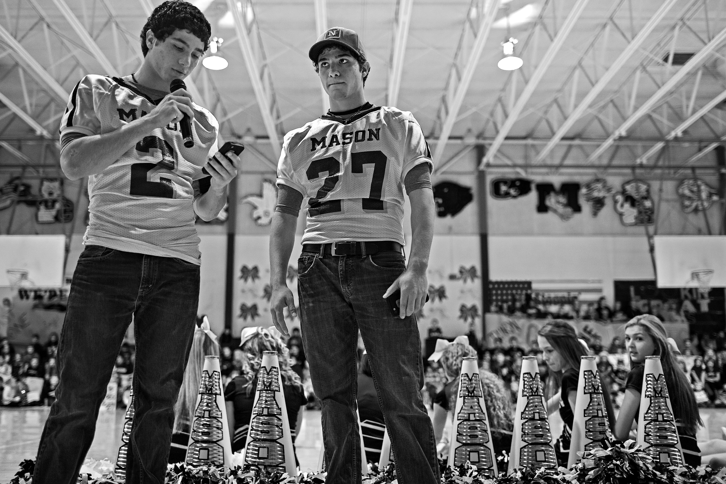Miguel (left) and Luis Castillo speak at the Mason Punchers' last pep rally of the football season on Dec. 17, 2014 at Mason High School in Mason, Texas. It was also the last pep rally of the Castillo's lives, as they will graduate from high school this year and hope to attend the Naval Academy in 2015.