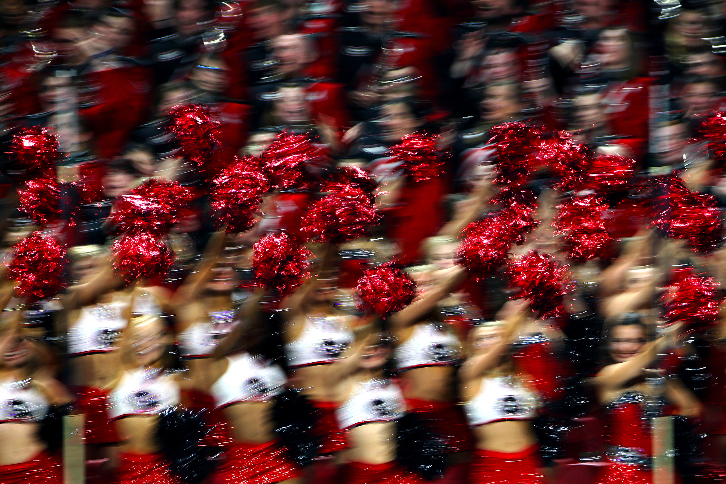 Georgia Bulldogs cheerleaders perform during first quarter action of the 2018 College Football Playoff National Championship between the Georgia Bulldogs and the Alabama Crimson Tide at Mercedes Benz Stadium in Atlanta, Ga. on Jan. 8, 2018. Alabama won the game in overtime 26-23, earning its fifth national championship since 2009.