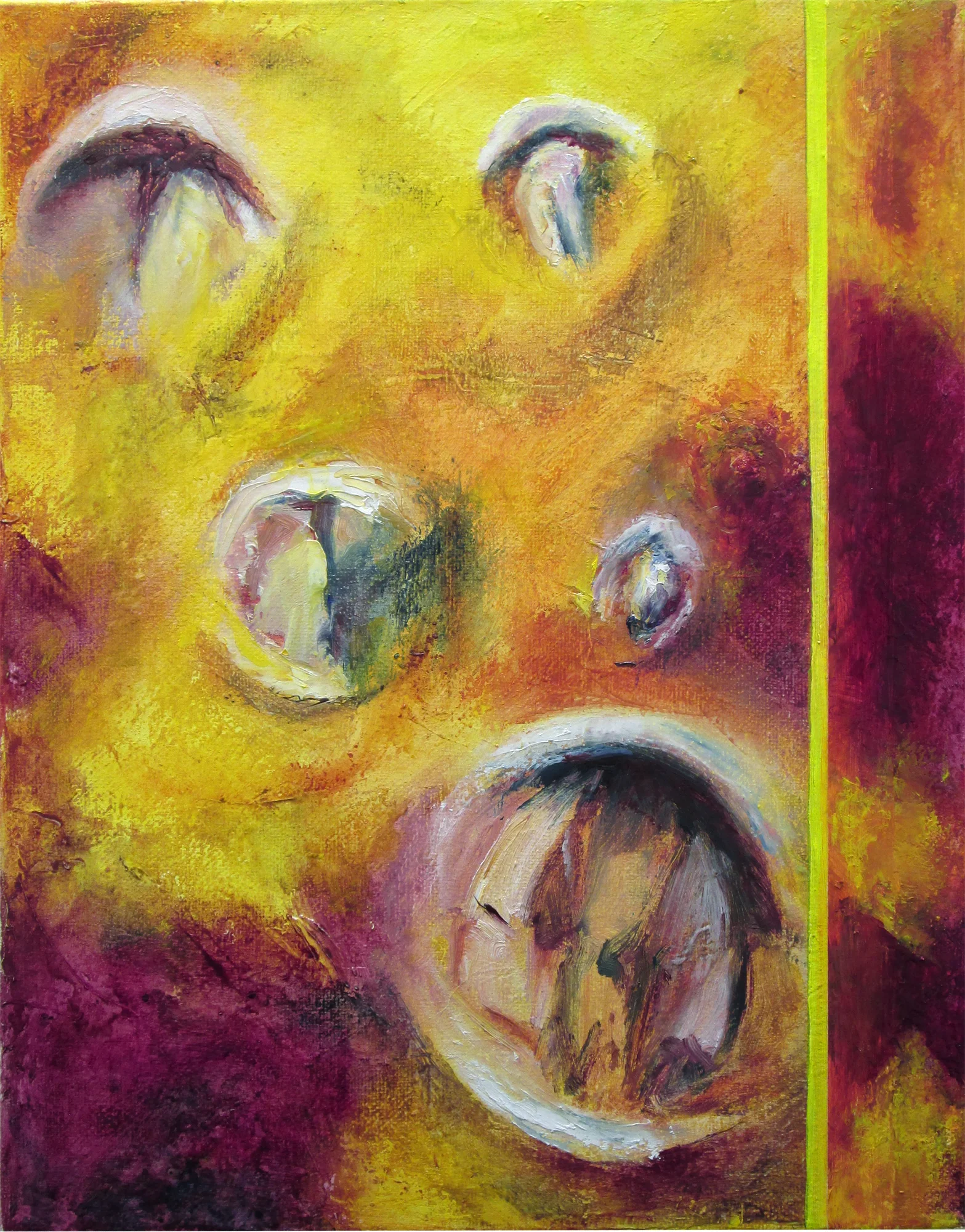   Five belly buttons on atmospheric ground with flat stripe.  Oil on canvas 14" x 11" 