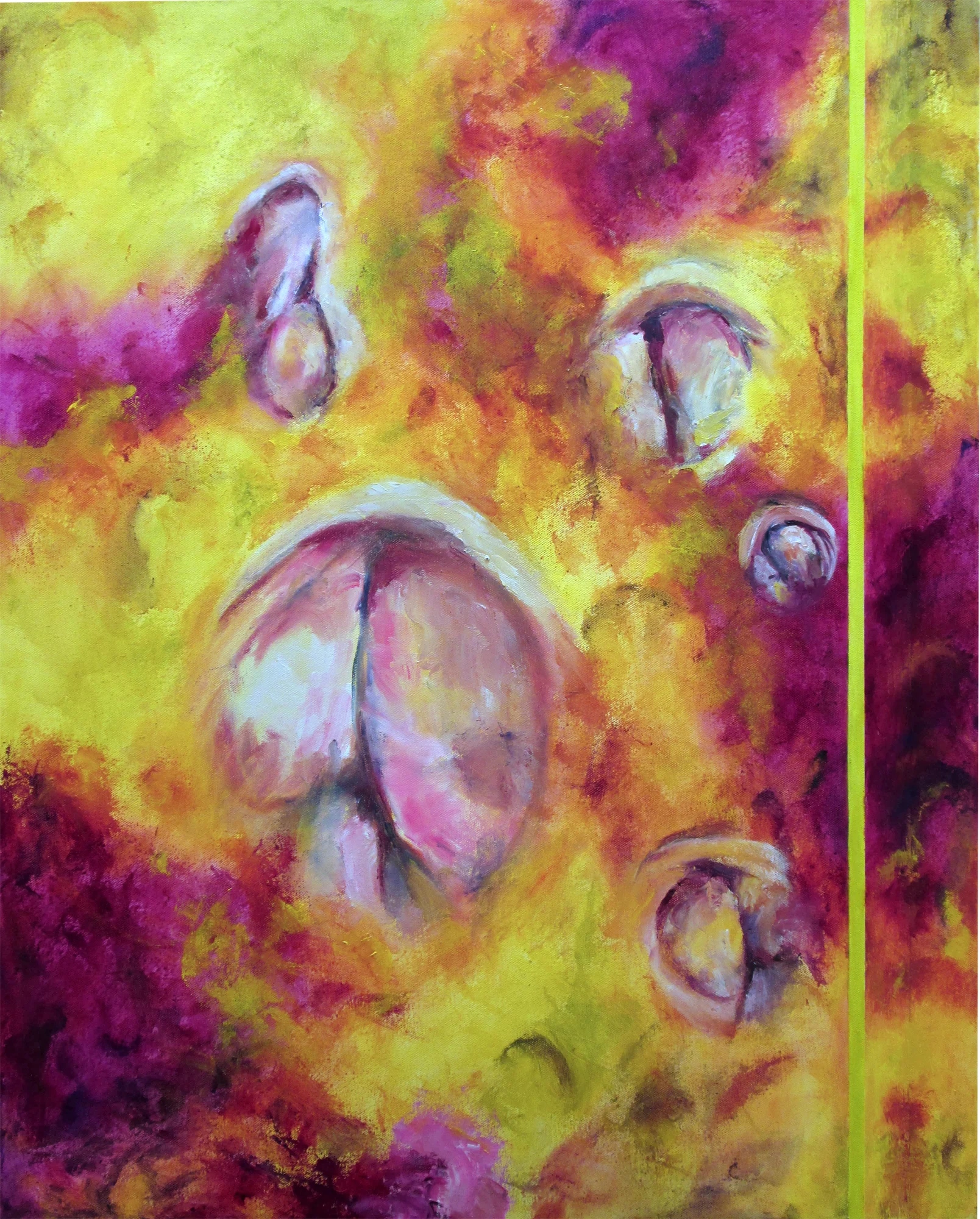   Five belly buttons on atmospheric ground with flat stripe  Oil on canvas 30"&nbsp;x 24" 