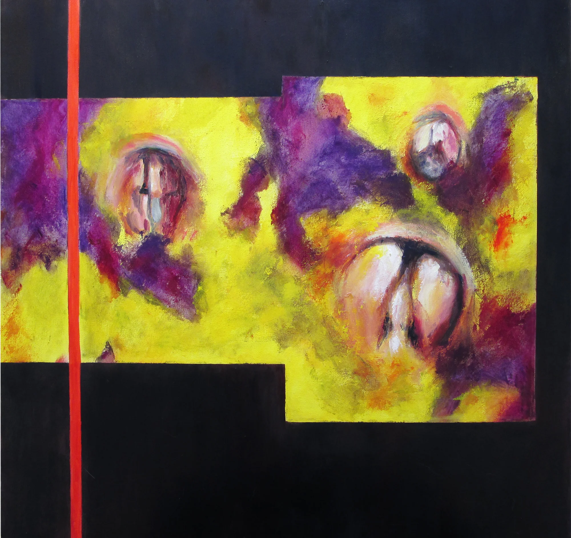   Three belly buttons on atmospheric ground with mask and flat stripe.   Oil on canvas 24" x 24" 