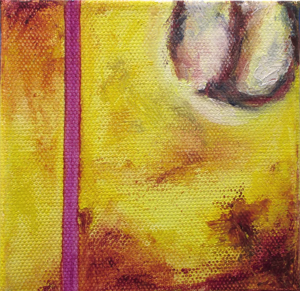   Belly button on atmospheric ground with flat stripe.   Oil on canvas 4"x4" 