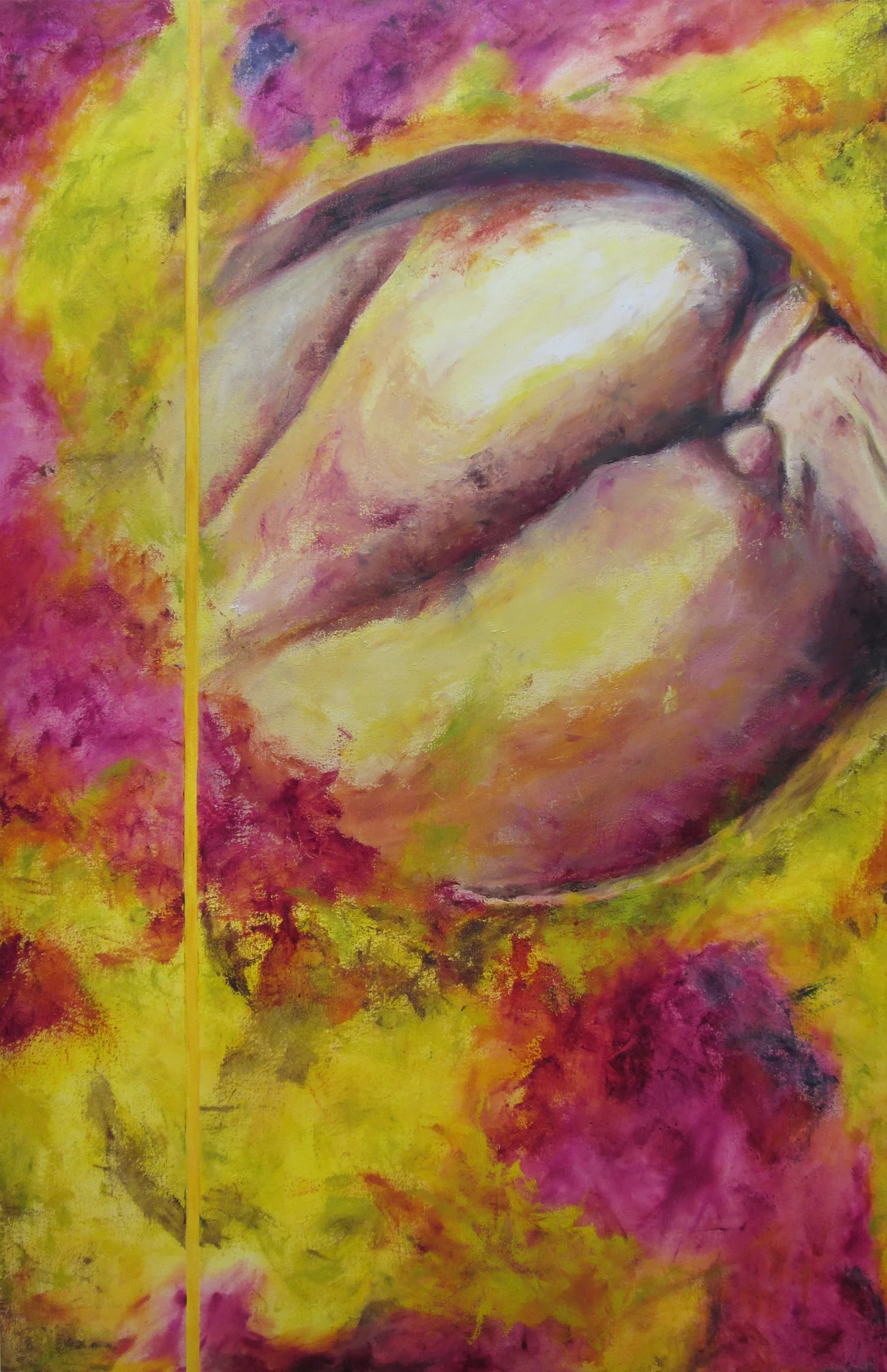   Belly button on atmospheric ground with flat stripe.&nbsp;   Oil on canvas   50"x32"  