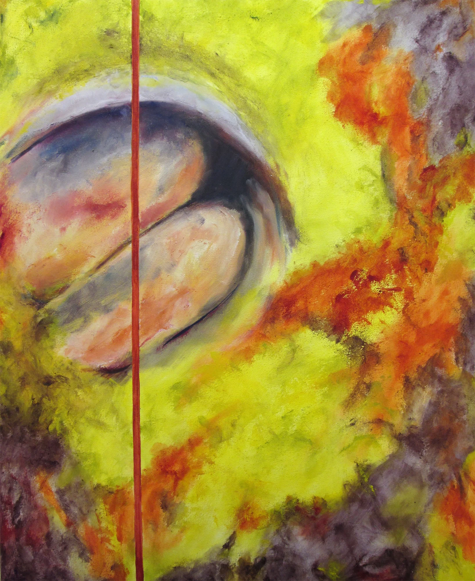   Belly button on atmospheric ground with flat stripe.&nbsp;   Oil on canvas   30"x24"  