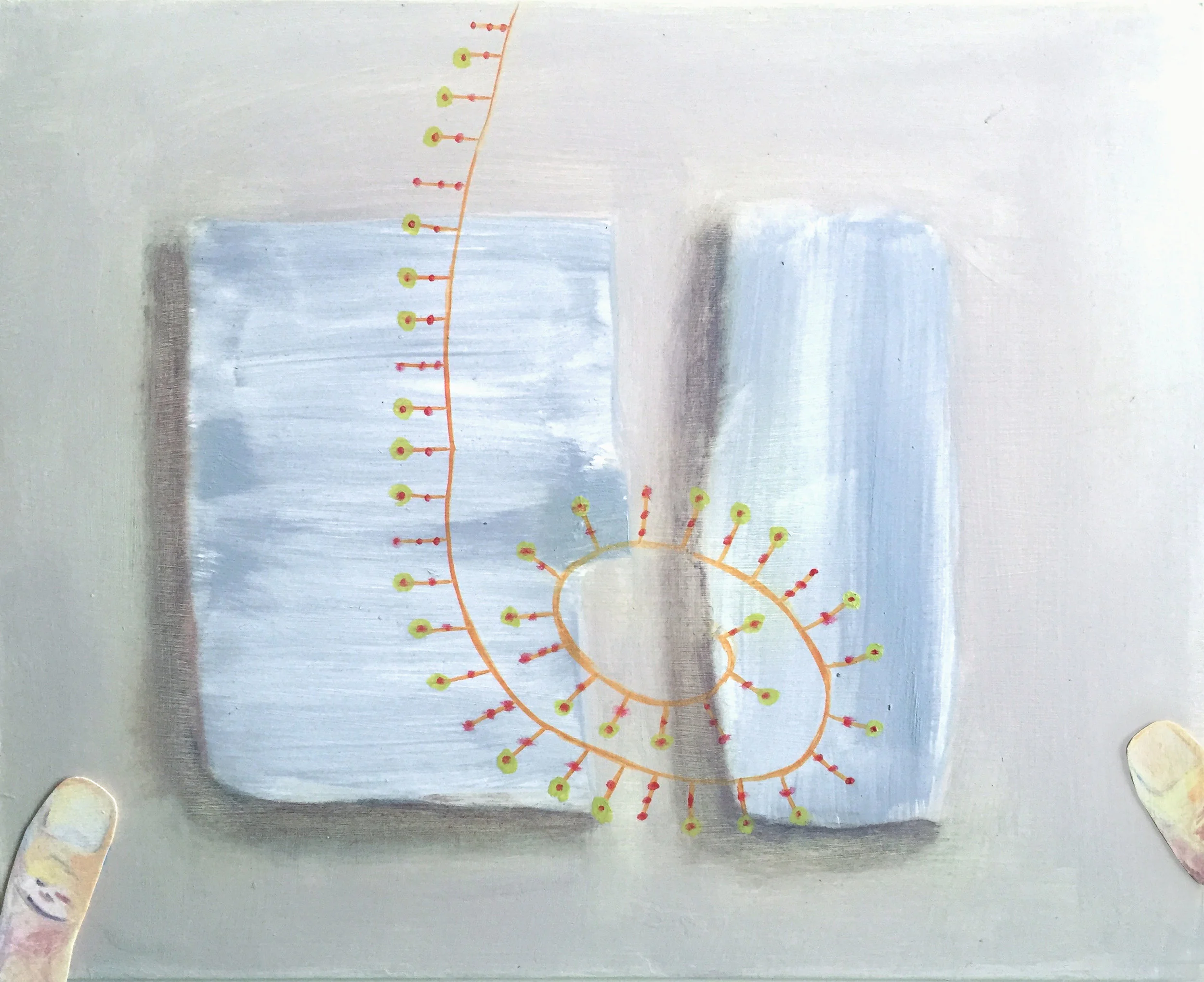 PAINTING VII<br>Oil and collage on mat board on wood panel <br>10" x 12" x 1"