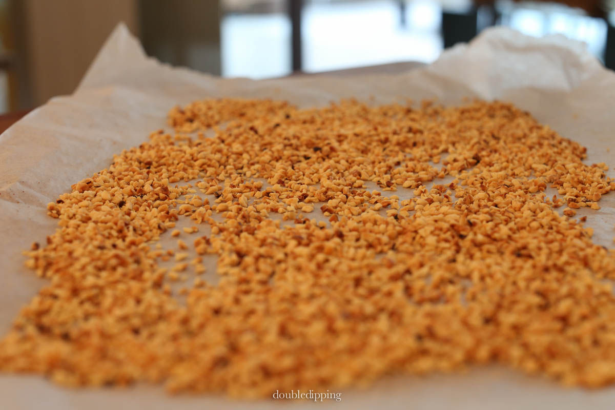 The chopped hazelnuts are toasted at 350° F or 177° C for about 15 min until you smell their nice fragrance