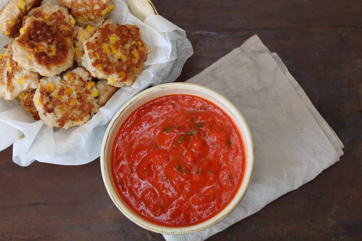 Corn & Turkey Burgers with Roasted Pepper Dip
