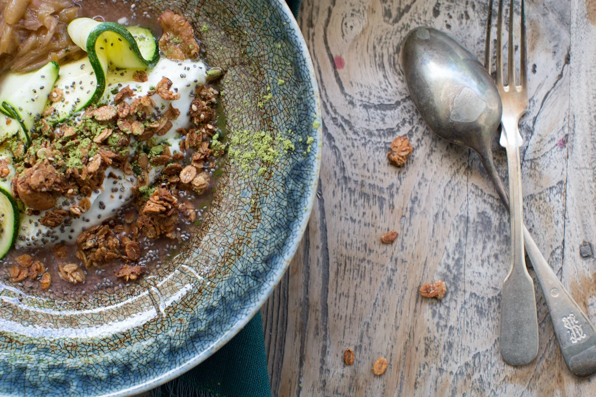 Granola with Rhubarb, Honeyed Zucchini and Matcha