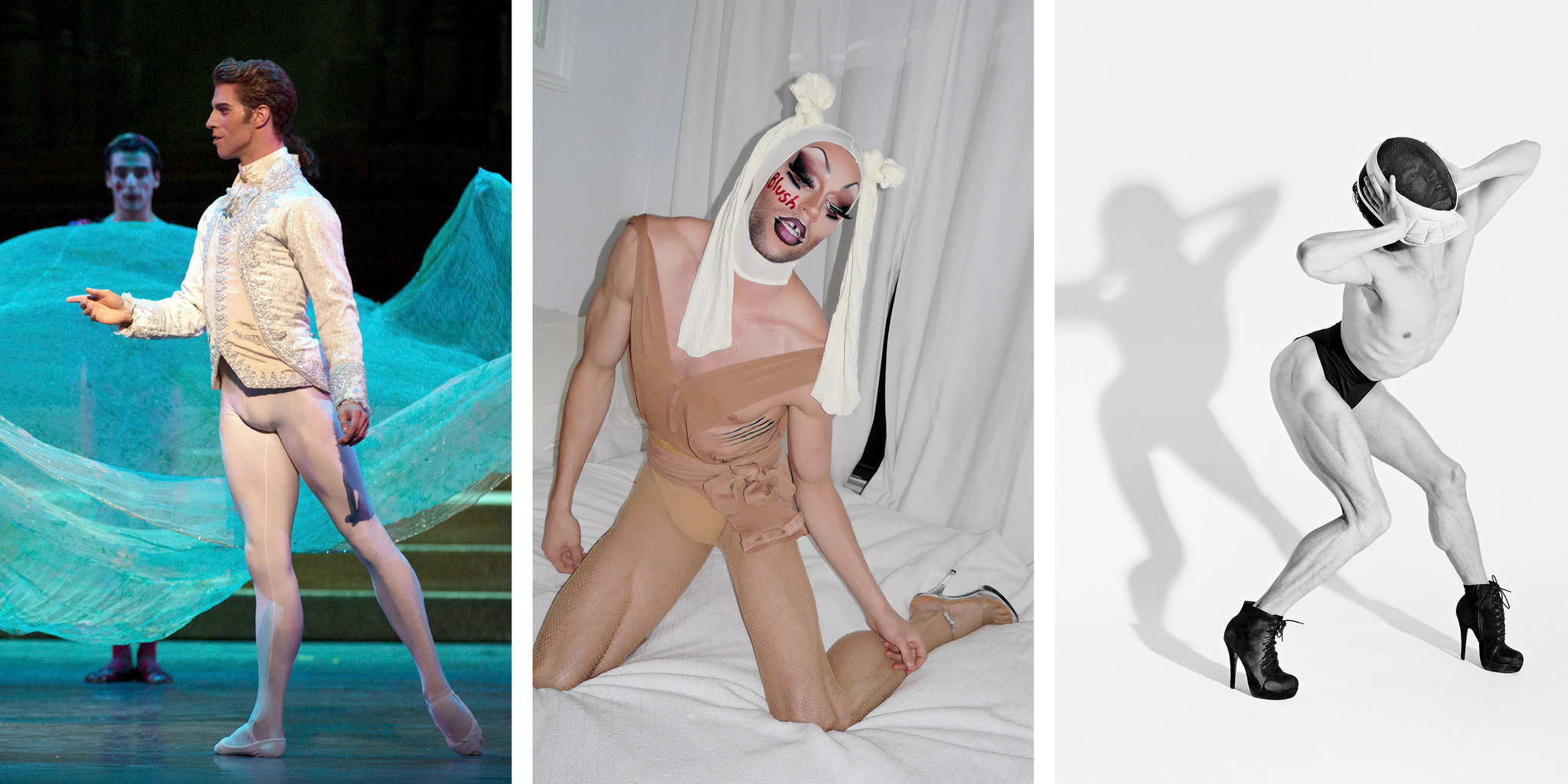 From left, James Whiteside of American Ballet Theater as the Prince in “Cinderella”; as Uhu Betch, part of the drag troupe the Dairy Queens; and as the singer JbDubs. Credit From left: Rosalie O'Connor; Dan Donigan; Jaqlin Medlock