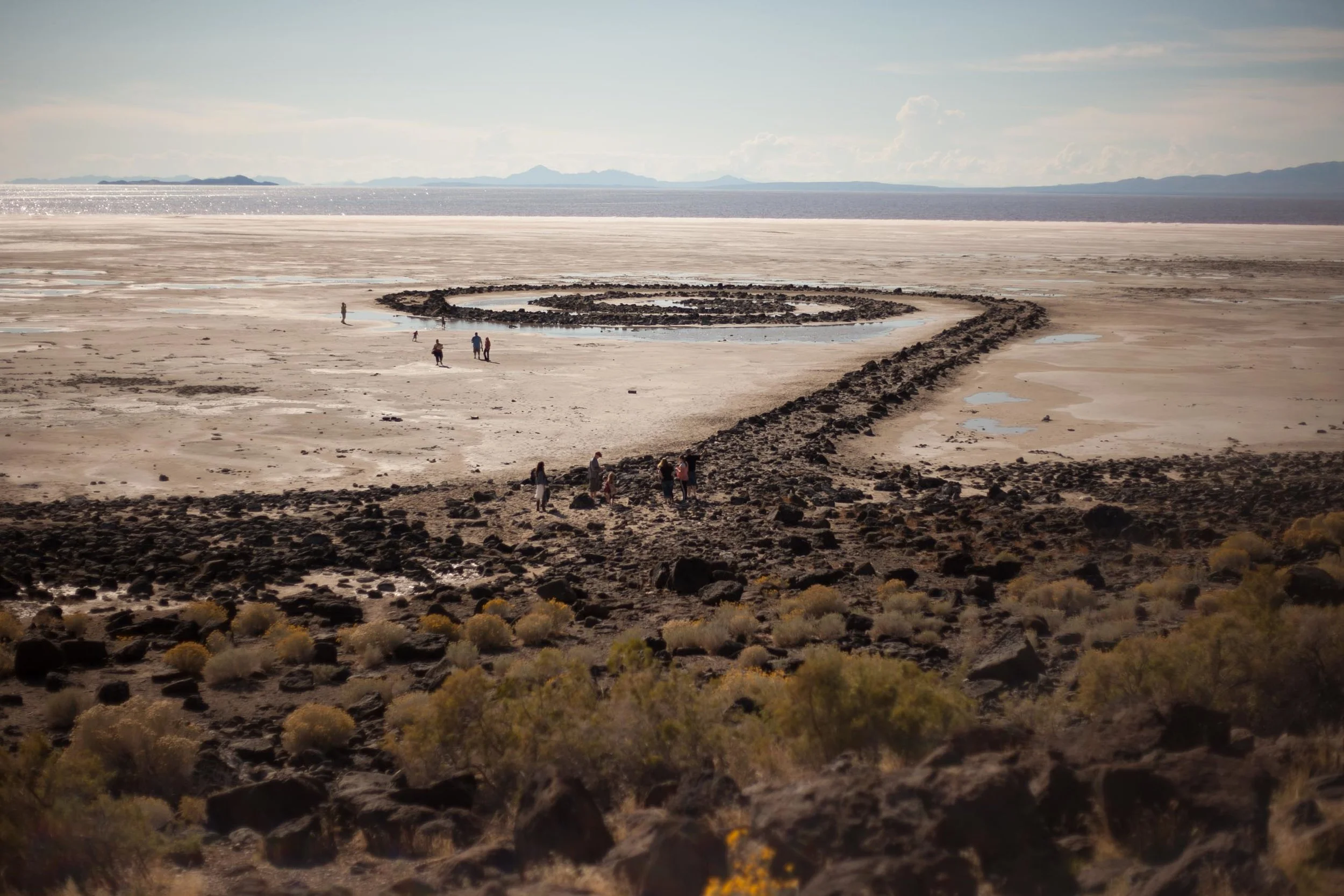 The Spiral Jetty, the central work of American sculptor Robert Smithson constructed in 1970 of the mud, salt crystals, and basalt rocks found in the area.