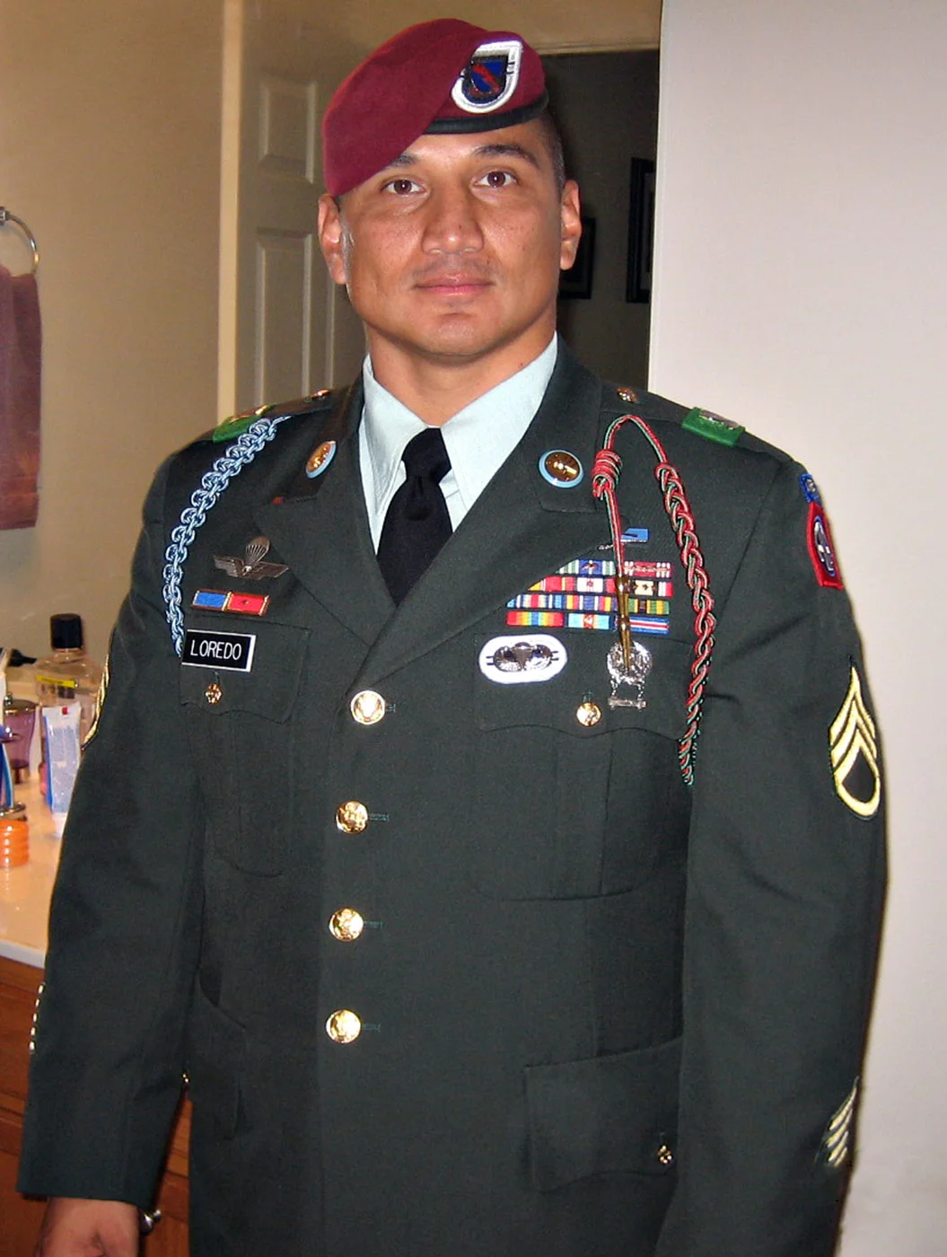 U.S. Army Staff Sergeant Edwardo Loredo, 34, of Houston, Texas, assigned to the 2nd Battalion, 508th Parachute Infantry Regiment, 4th Brigade Combat Team, 82nd Airborne Division, based in Fort Bragg, North Carolina, was killed on June 24, 2010 in Jelewar, Afghanistan, when insurgents attacked his unit with an improvised explosive device. He is survived by his wife, First Sergeant Jennifer Loredo; his daughter, Laura Isabelle; his stepdaughter, Alexis; and his son, Eduardo Enrique.