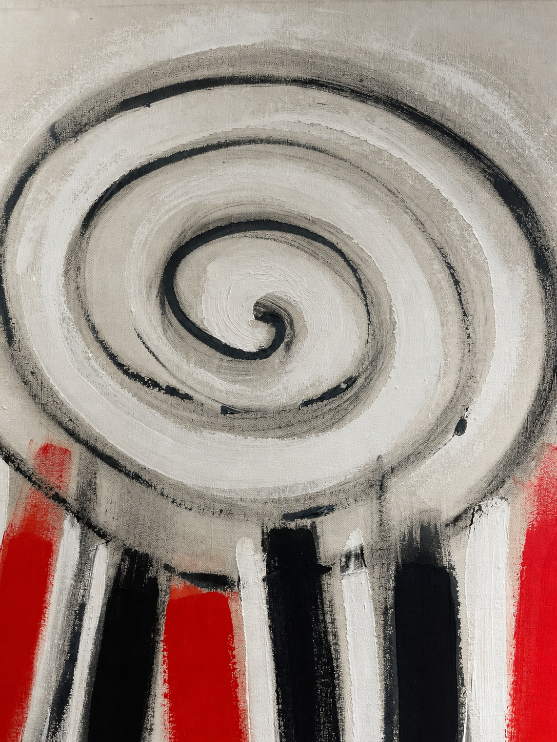 Sir Terry Frost RA, 'Three Chevrons &amp; Spiral for Red, Black and White' (1994), oil on canvas – art for sale and art rental