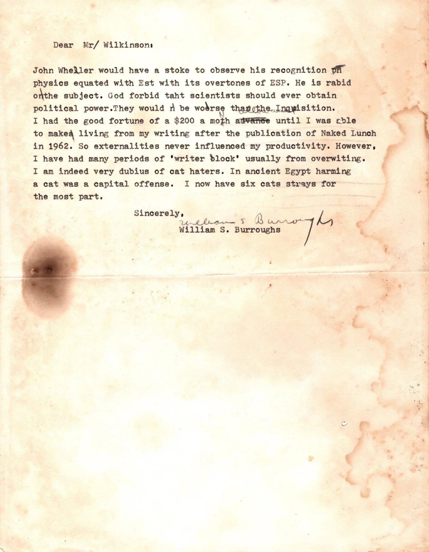 William Burroughs Hand Typed Letter