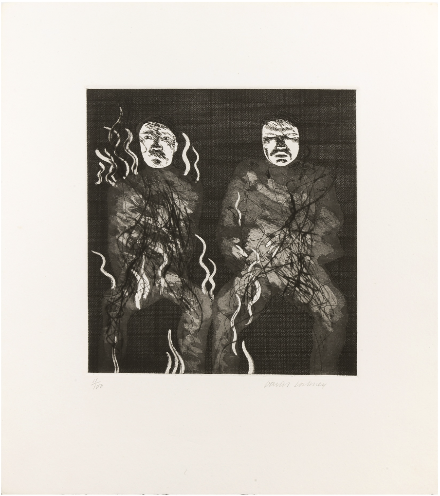 David Hockney RA, Corpses on Fire, 1969, signed etching with aquatint and drypoint from Illustrations for Six Fairy Tales from the Brothers Grimm, available for sale and art rental in London