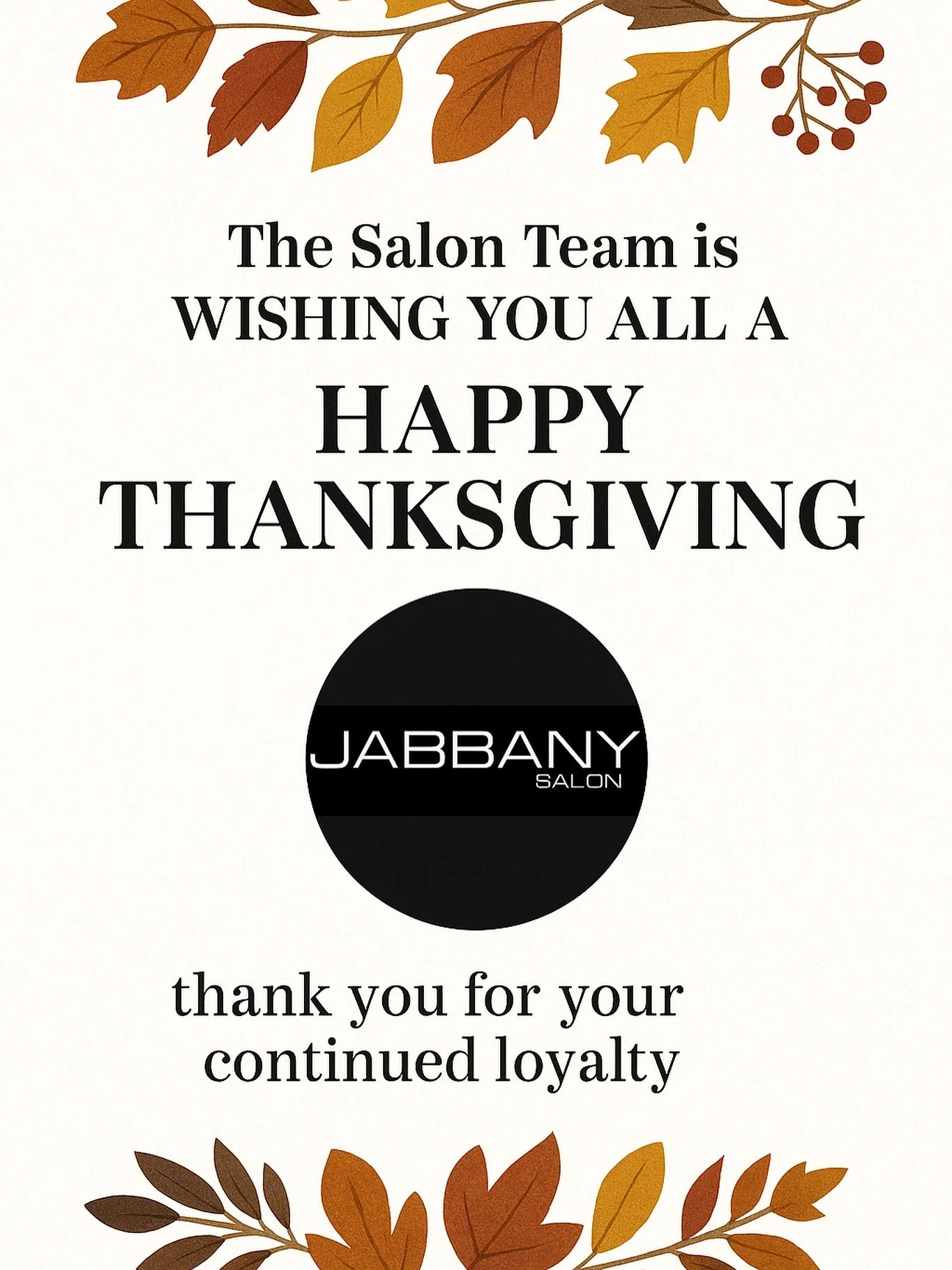 Happy Thanksgiving from Jabbany Salon! 🧡
We’re so grateful for your trust and loyalty — thank you for being part of our family.
#HappyThanksgiving #Thankful #Grateful #JabbanySalon #OttawaSalon #OttawaHair #OttawaHairstylist #OttawaBeau