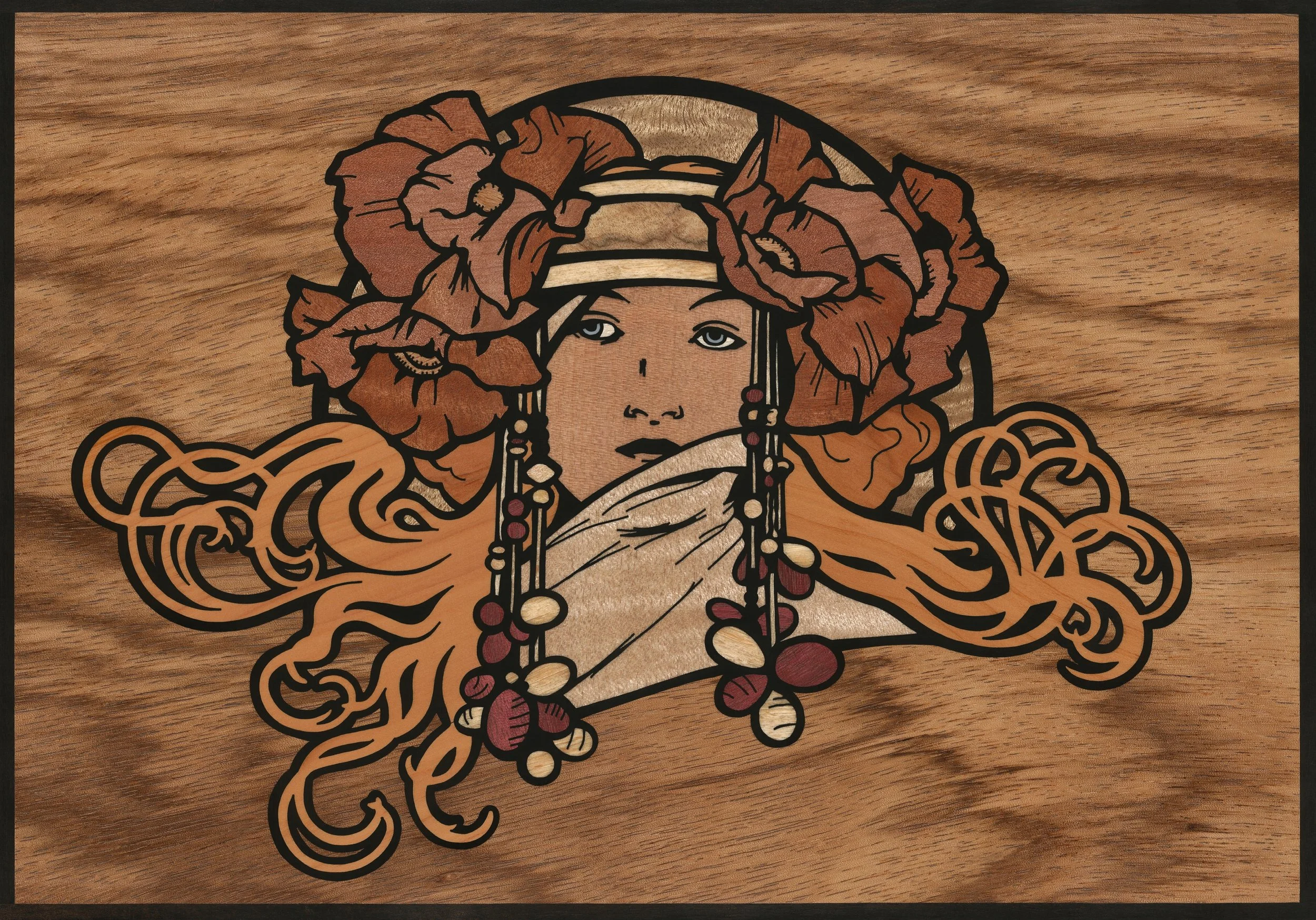 Hand cut wood inlay by Jack Smidmore, based on an Art Nouveau work by Alphonse Mucha