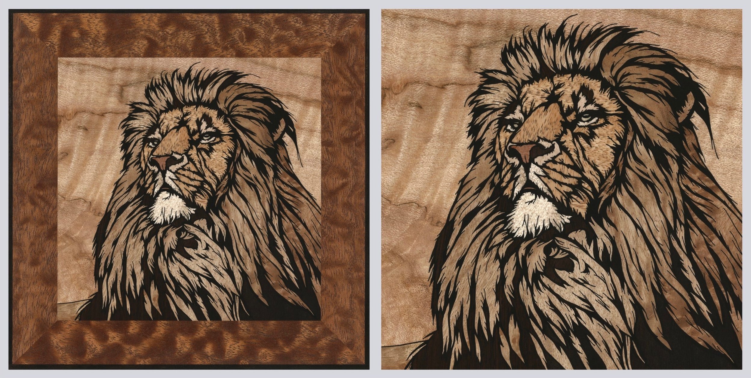 Hand cut lion wood inlay by Jack Smidmore