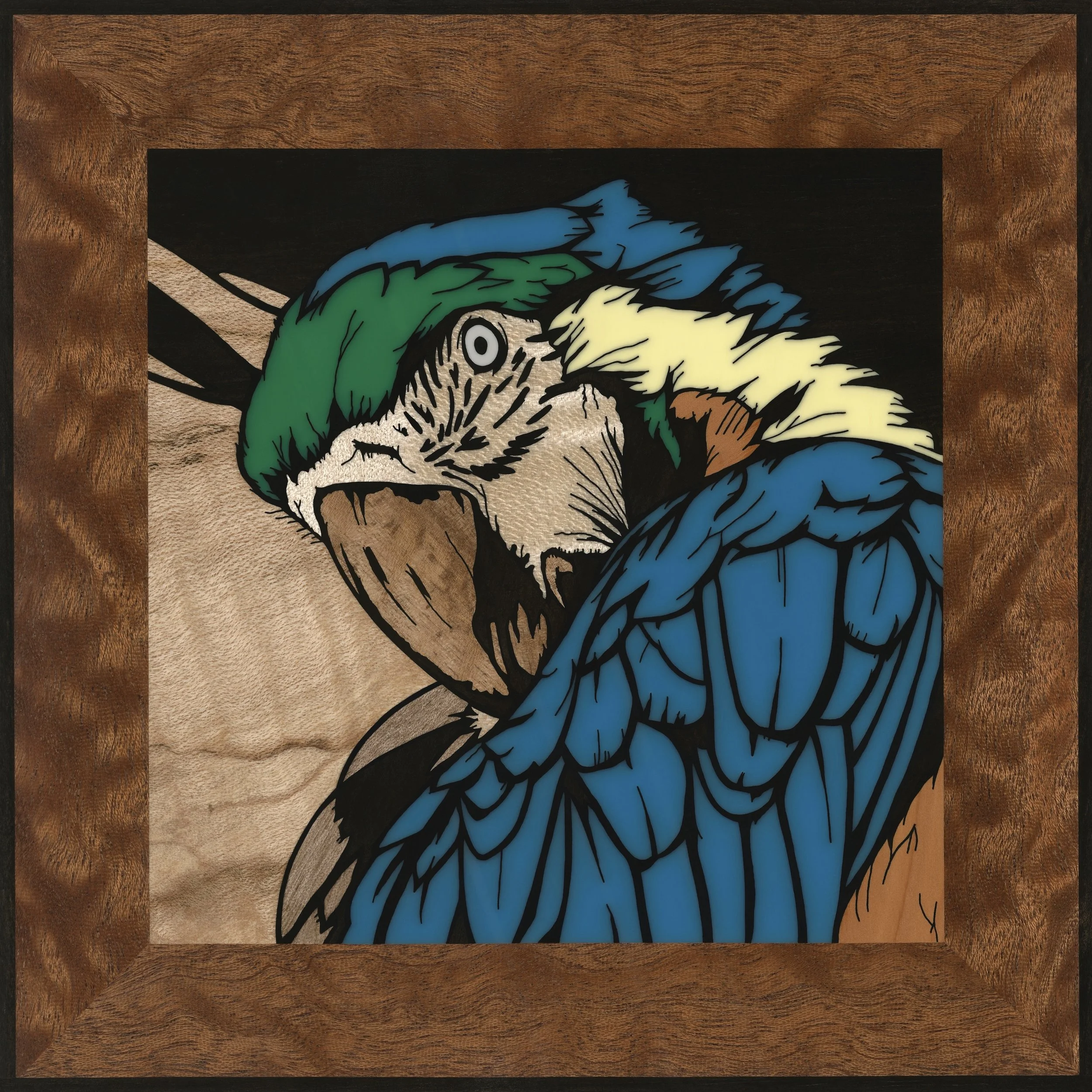 Hand cut inlay of a parrot by Jack Smidmore