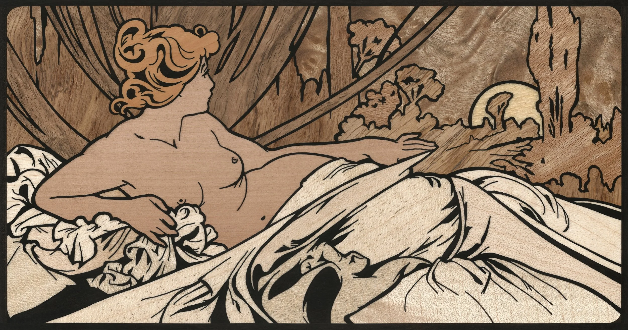 hand cut wood inlay of an original Alphonse Mucha work by Jack Smidmore