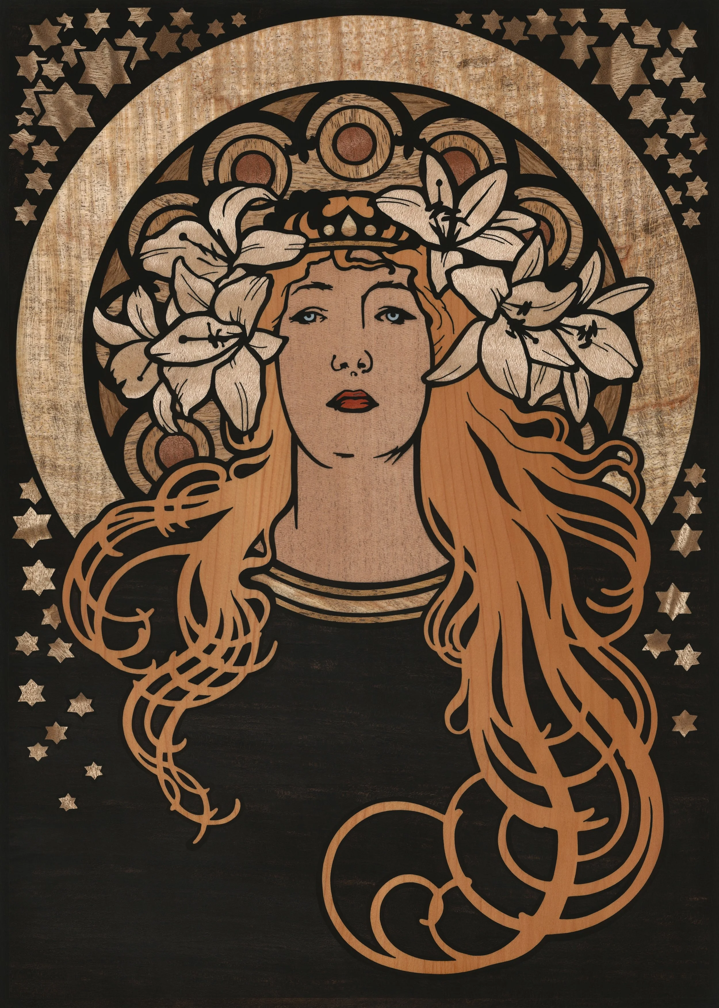 Wood inlay based on Alphonse Mucha's original work of Sarah Bernhard dated 1897, poster commissioned for 'La Plume' magazine. Redesigned and cut by Jack Smidmore in 2024