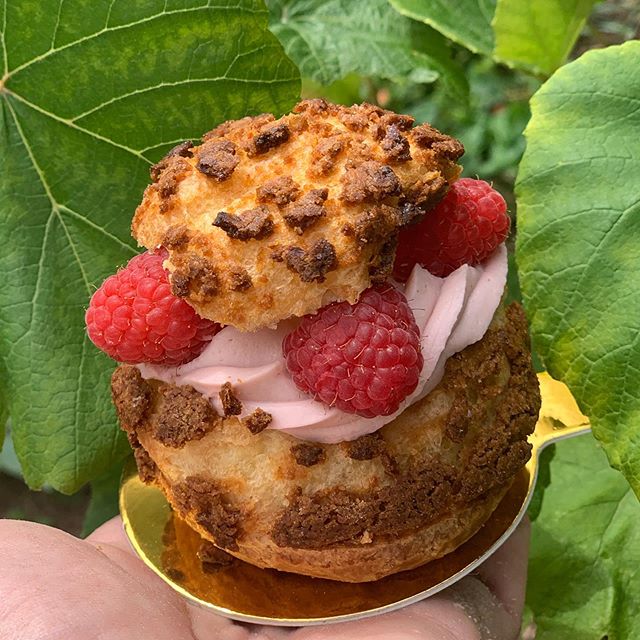 Introducing &ldquo;Le Framboisie&rdquo;. Our new Raspberry cream puff with a pistachio craquelin. Celebrate summer with style and decadence. #nofilter #familybusiness #fraserhood #bakedfromscratch #handmade #raspberry #summer