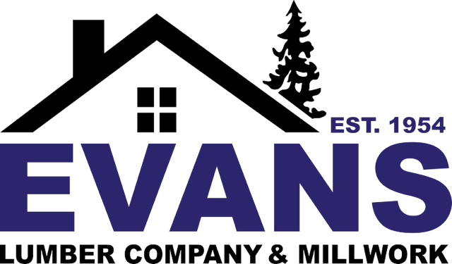 Logo of Evans Lumber Company & Millwork, established 1954, featuring a house outline and a tree.