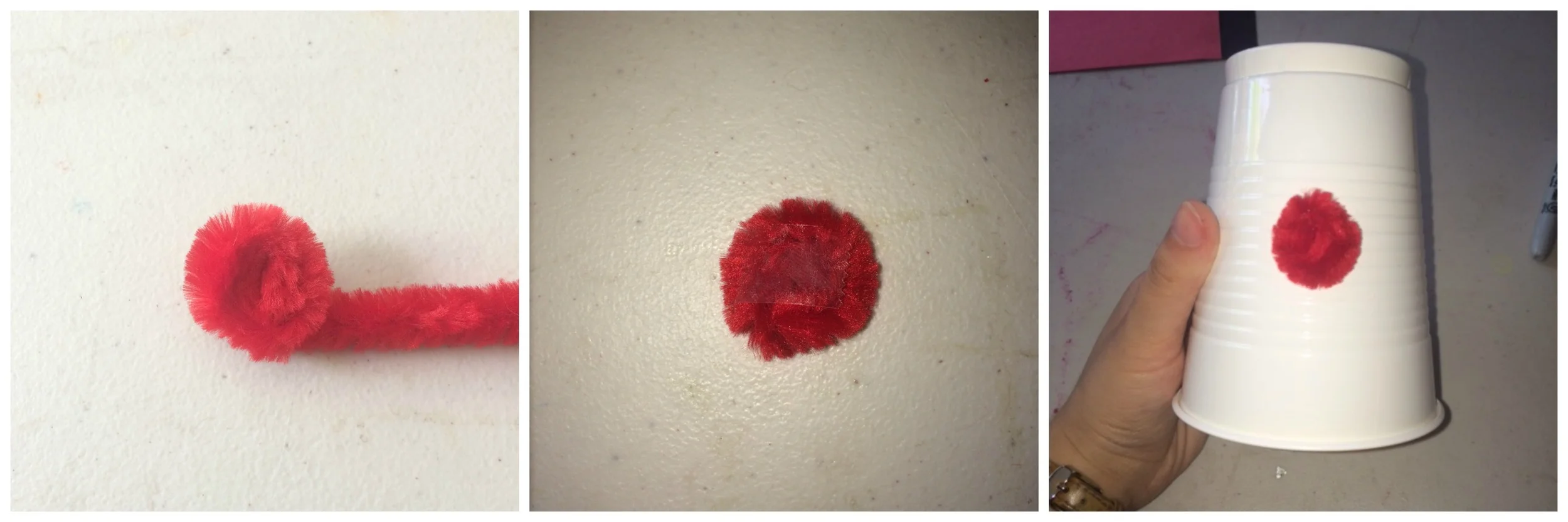1. Roll the red pipe cleaner into a round shape for a clown nose. Cut it out and tape it to the front center of the cup.
