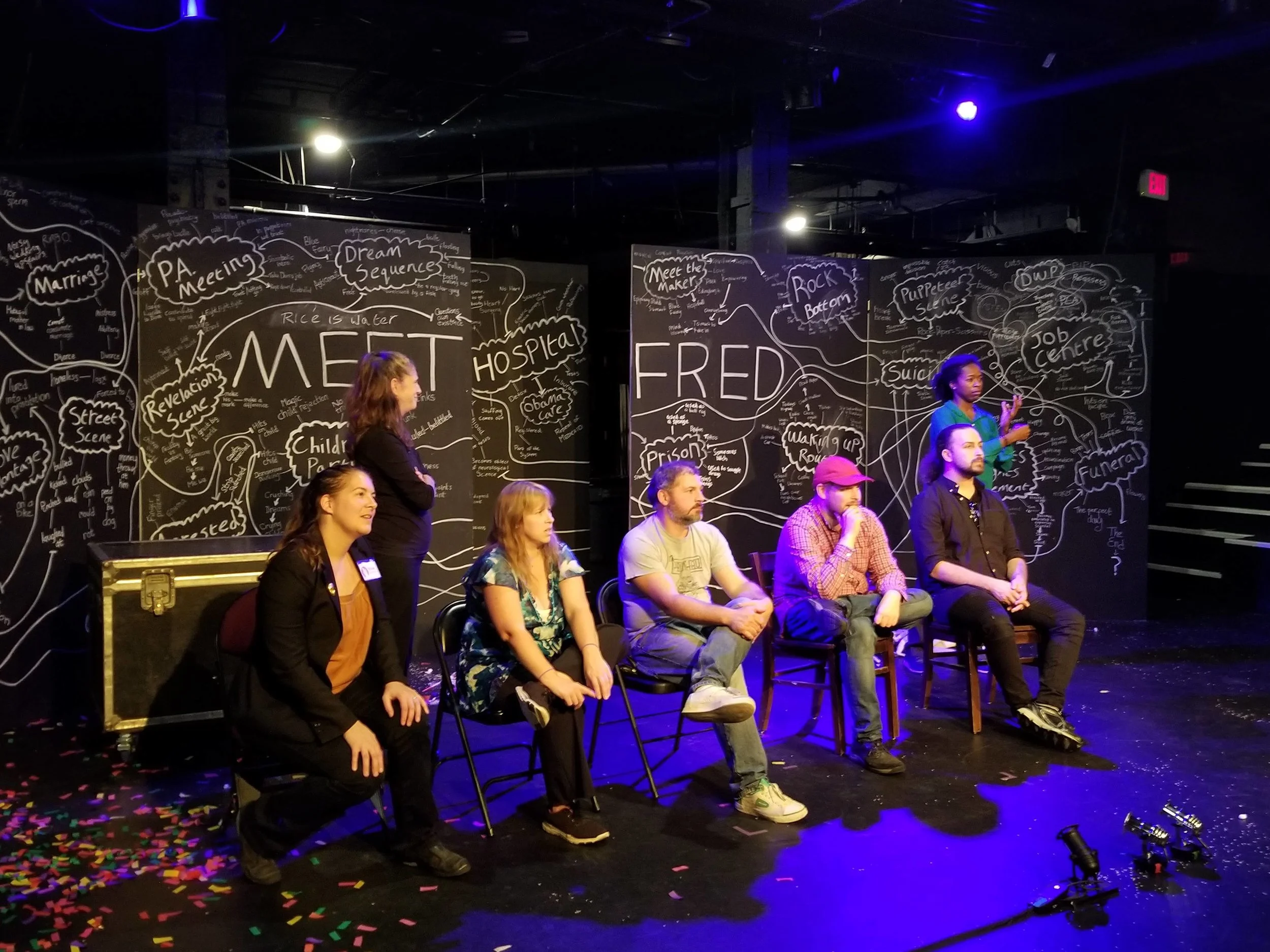 Arts connect people of all abilities! Artistic Director Roxie and special guest Nick Gallop of the Asperger Autism Network with the cast of Hijinx Theatre of Wales at an ASL-interpreted talkback for “Meet Fred” at the Boston Center for the Arts.