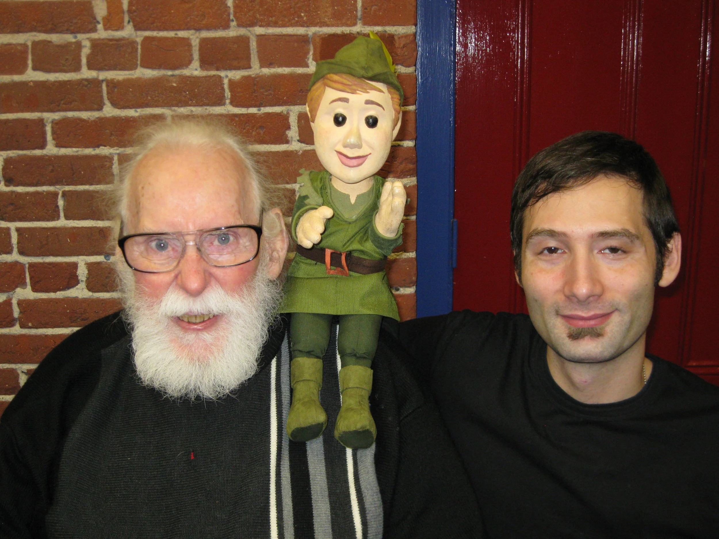 Paul Vincent Davis with Resident Artist Brad Shur, and Robin character from Brad's glove puppet show, "Robin Hood"