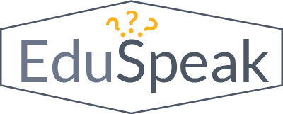 Image is a hexagon with the title "EduSpeak" in the middle of the hexagon and question marks about the letter "S"