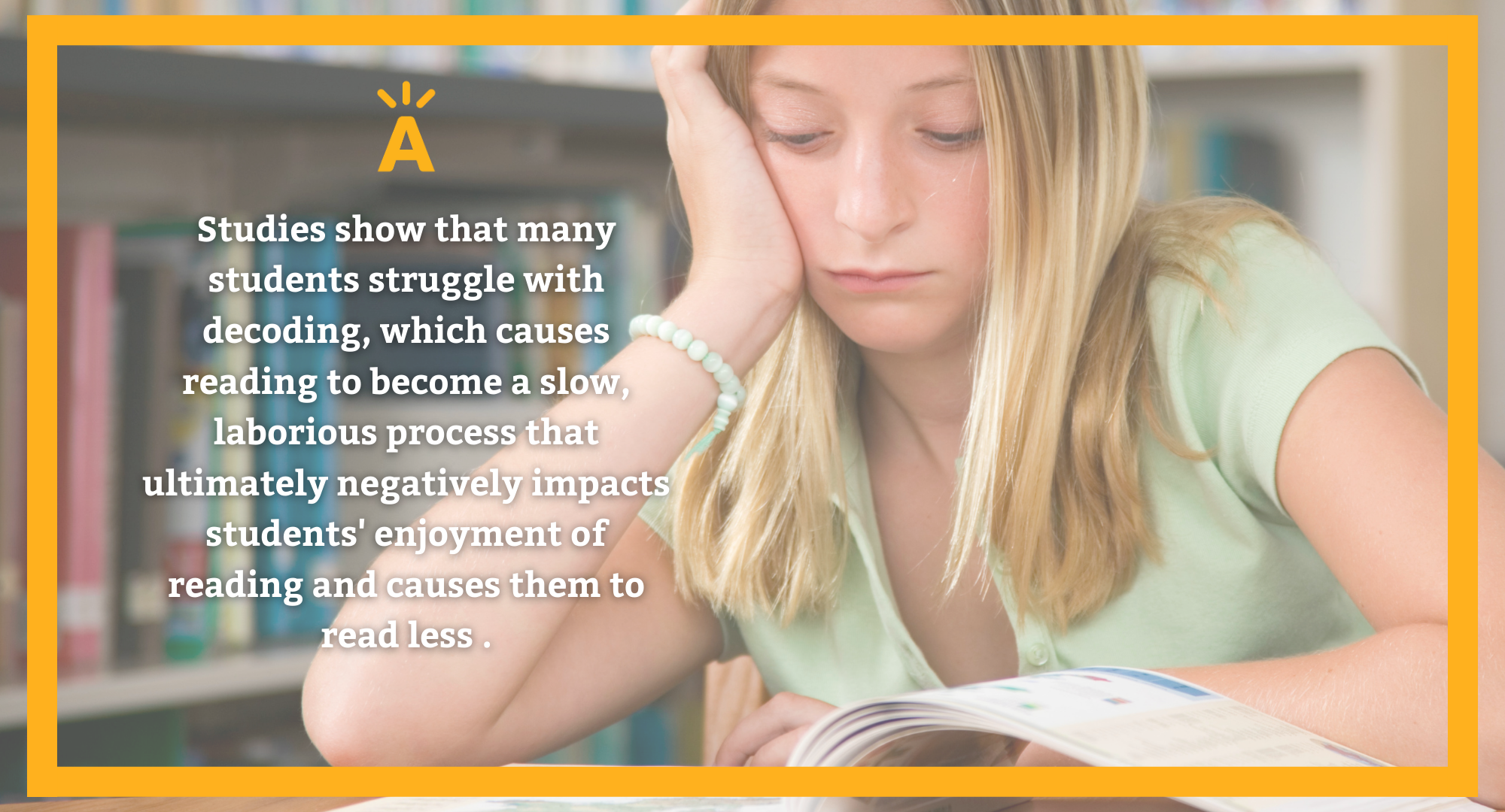 A student slumping over a book with text right next to them that says "Studies show that many students struggle with decoding, which causes reading to become a slow, laborious process that ultimately negatively impacts students' enjoyment of reading and causes them to read less.