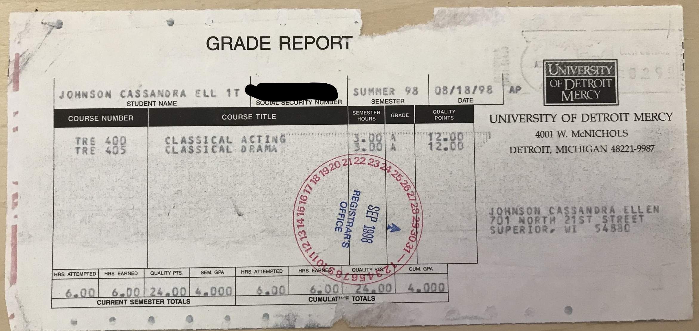 UD-Mercy Grade Report