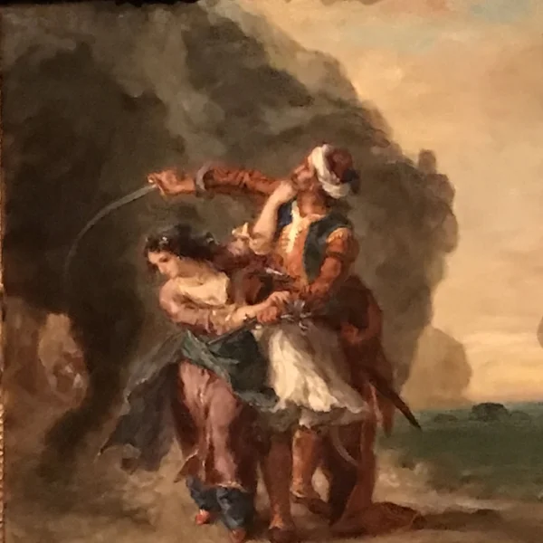 Delacroix’s “The Bride of Abydos (Selim and Zuleika),” 1857, Kimbell Art Museum, Fort Worth, Texas. Inspired like many of his paintings by the writings of Lord Byron, we learn from the placard that it is “Set in the Dardanelles in Ottoman Turkey, it depicts the pirate Selim attempting to rescue his lover Zuleika from the harem of the pasha Giaffir. After sounding the pistol to alert comrades waiting to rescue them offshore, Selim inadvertently reveals their location to Giaffir’s approaching posse, thereby dooming the couple.”