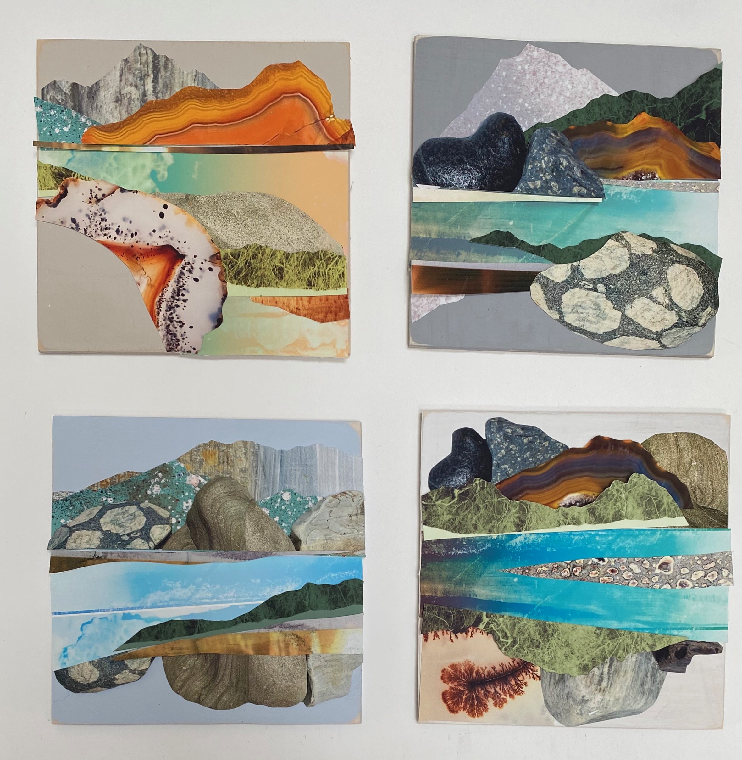 Making studies in a mixed media collage format with the rock and agate textures
