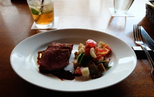 Beef steak, eggplant warm salad