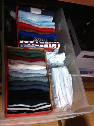 カットソーやTシャツは同じ幅に折り畳んで、立てて収納。 奥の仕切りが3面。 #organize#closet#cutsewn