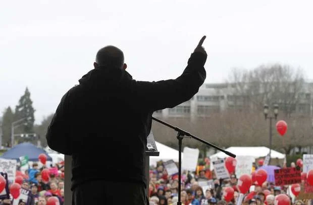 Carl addresses an education rally outside the capitol in Salem, February 20, 2012. Photo by The Oregonian
