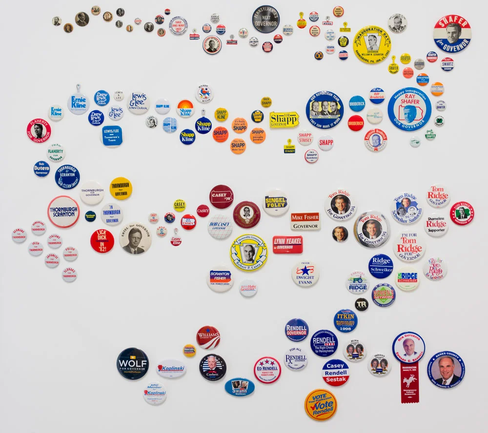 One of 200 canvases displaying Carl’s collection of “locals.” This board contains Pennsylvania governor candidates. More have been added to this canvas since it was professionally photographed in 2014. Click on photo for larger image.