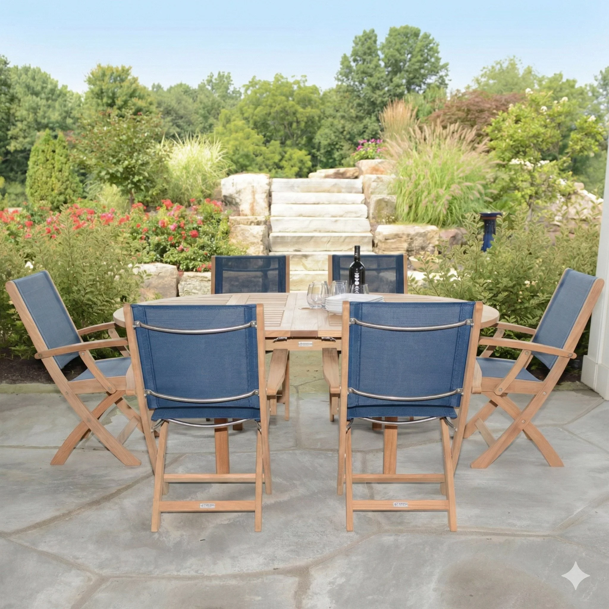 Outdoor patio with a teak dining table, six navy teak chairs, and a bottle of wine with glasses, overlooking a lush garden with stone steps and greenery.