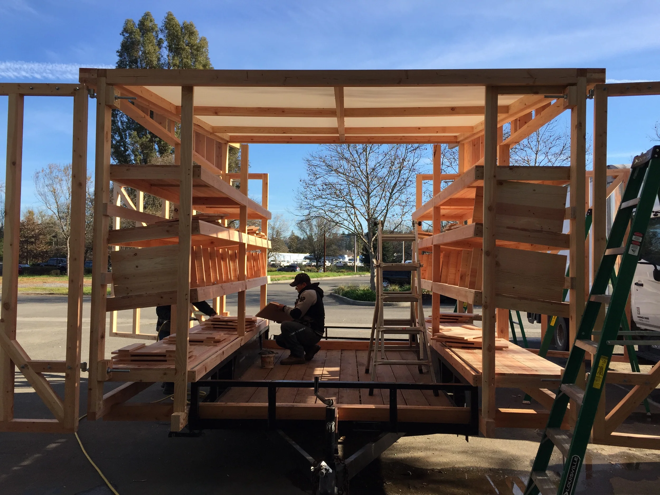 The chicken tractor in the process of being built at the wood shop in town. We built it on a 2 axle trailer.