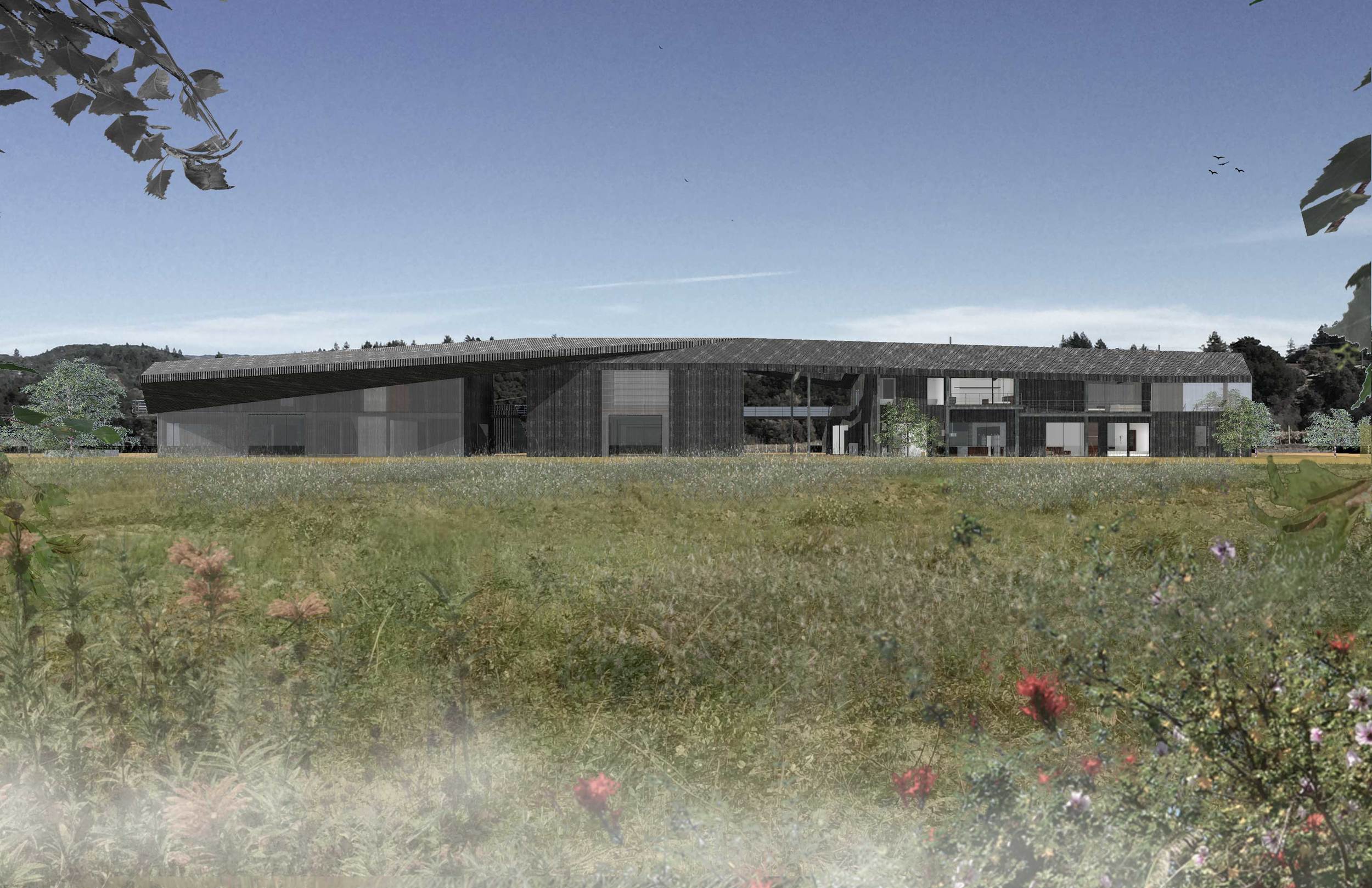 North Facing Side of the 300 Ft Long Noci Barn Complex. The exterior is wood slats covered in a natural black pine tar to weather proof the wood and create Noci Sonoma's signature look. All the buildings on the property are black.