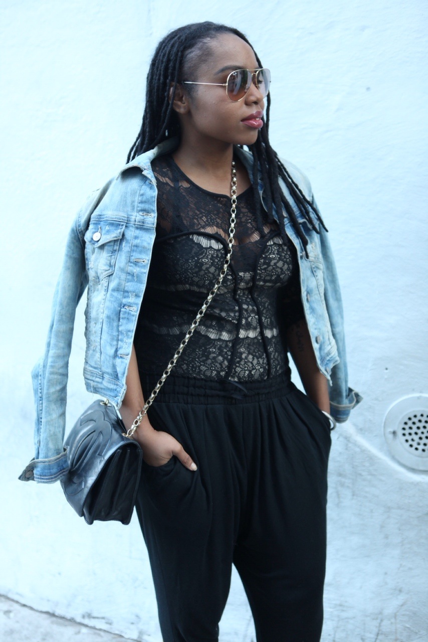 Denim Jacket: Zara , Bodysuit: Stylestalker , Sunglasses: , Bag: Chanel