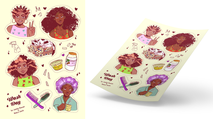 With a pledge of $30 or more, readers will receive a Wash Day sticker sheet featuring art by Robyn Smith. 