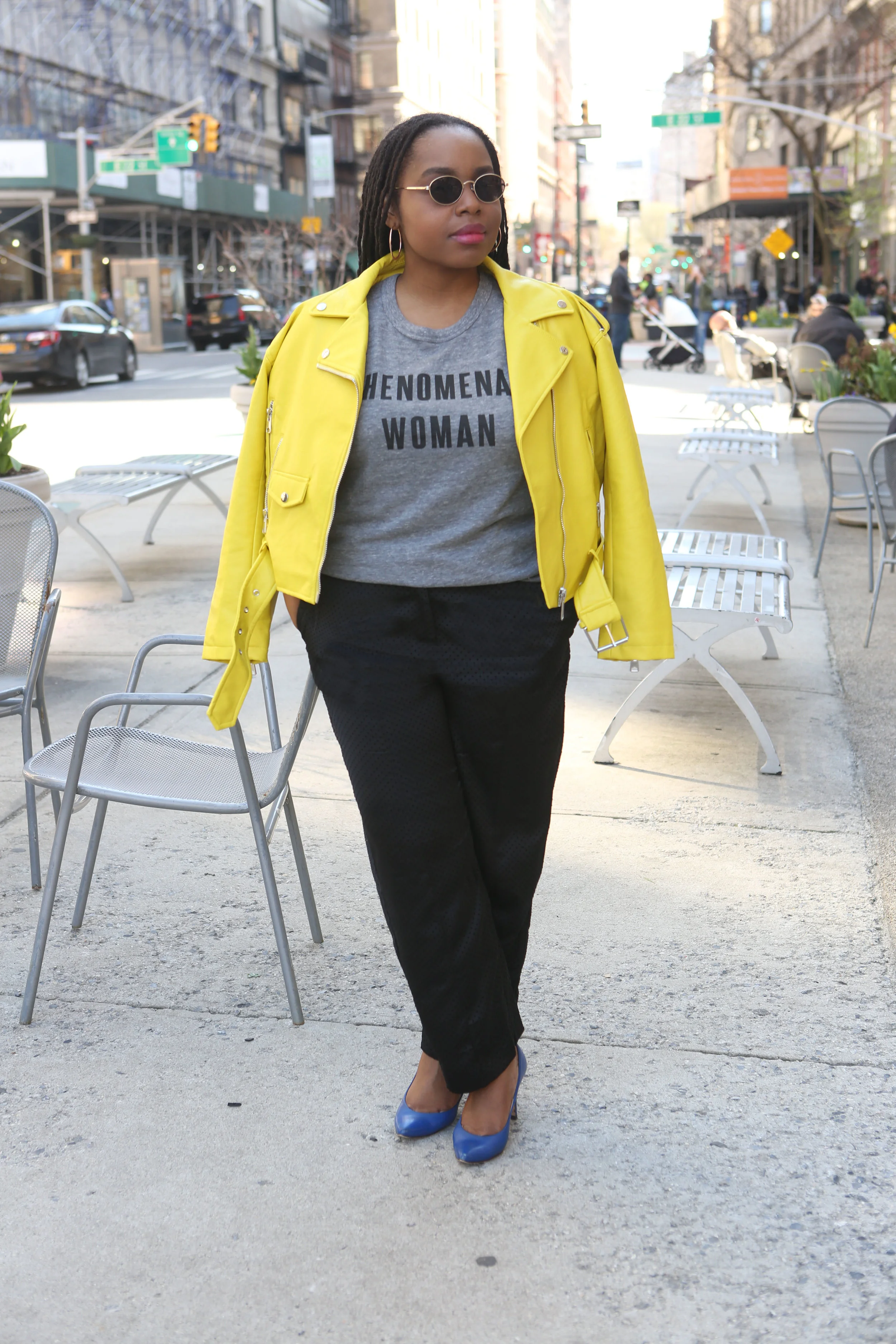 Jacket: Zara , Tee: Phenomenally , Pants: Mink Pink , Eyeglasses: Crap Eyewear , Shoes: Vintage 
