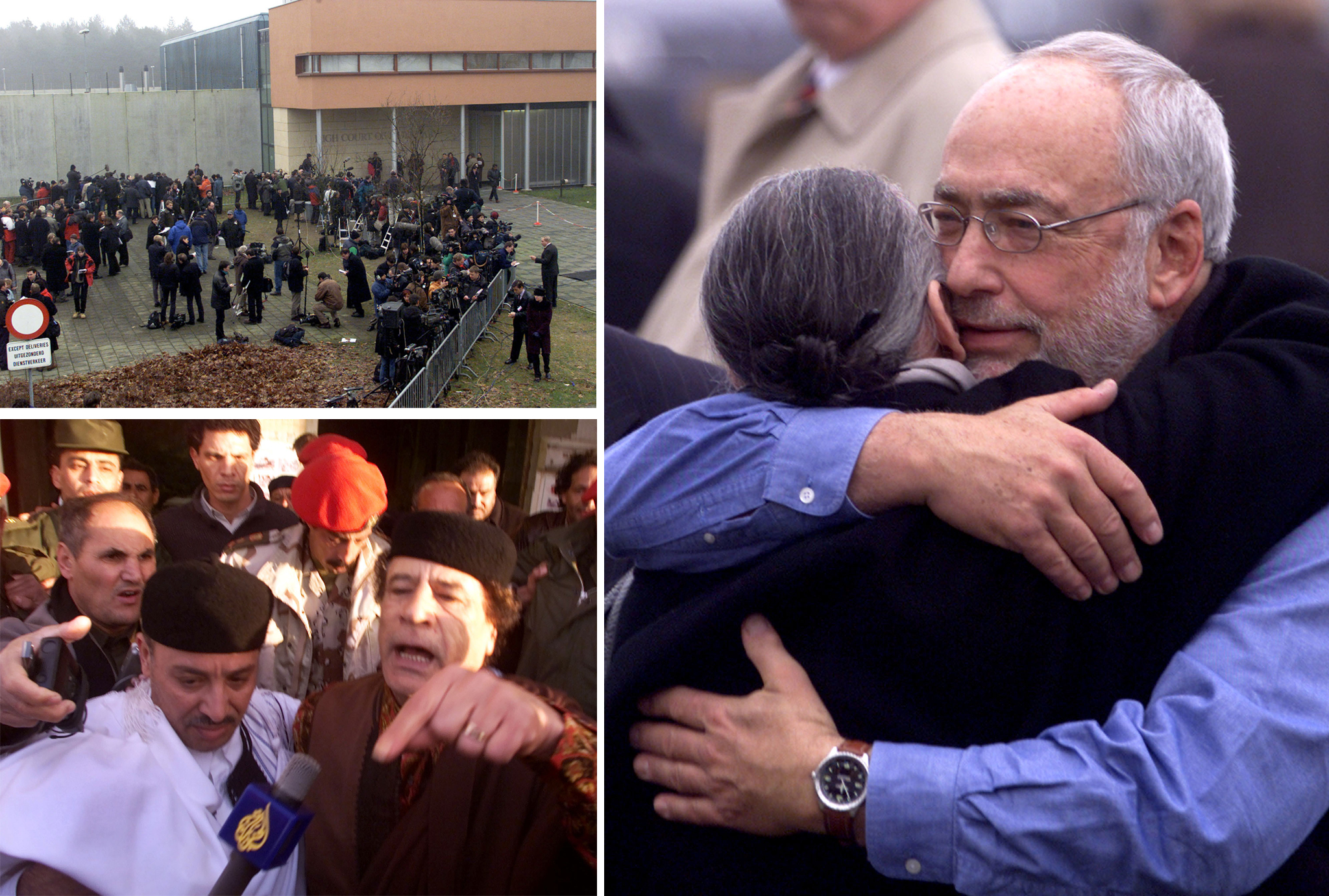 On January 31, 2001, the judges handed down their verdict: guilty for Megrahi and "not proven" for Fhimah, who returned home to a hero's welcome in Libya. Outside the courthouse, jubilant family members rejoiced at the end of a long journey. Justice for the victims of Lockerbie had finally come. The scene outside the courthouse at Zeist on January 31, 2001 (top left). Family members embrace after the reading of the guilty verdict for Abdelbaset al-Megrahi (right). Lamin Fhimah returns home to a hero's welcome in Libya with dictator Muammar Gaddafi (bottom left).