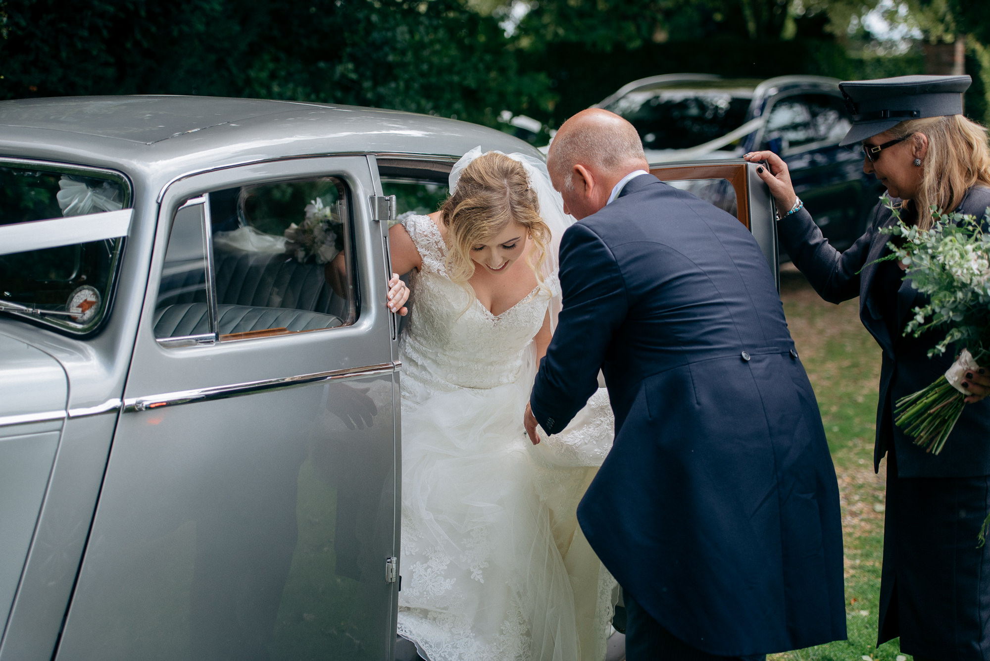 Bride arriving at church for her wedding in narborough