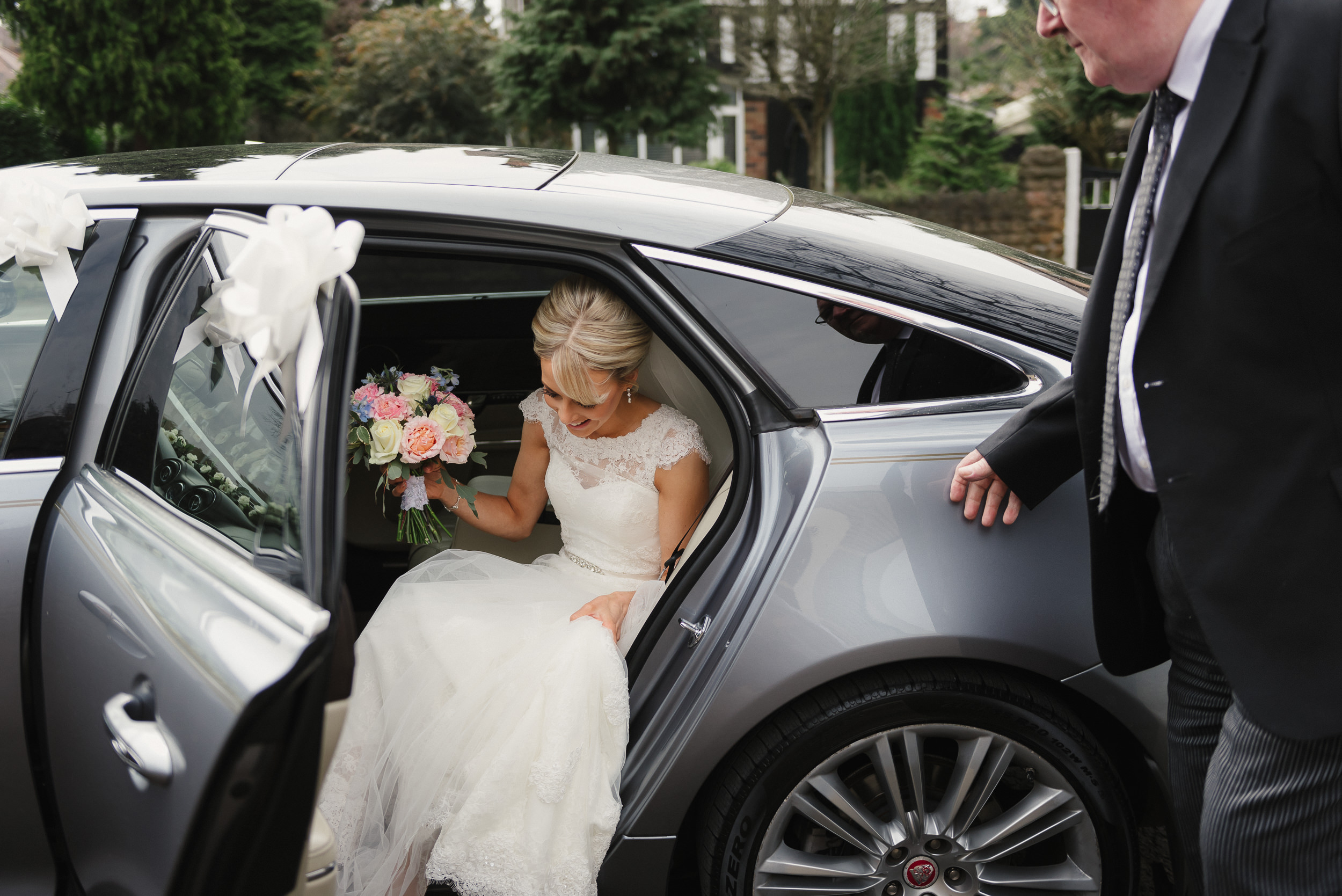 bride on her wedding day arriving at the Good Shepherd Church