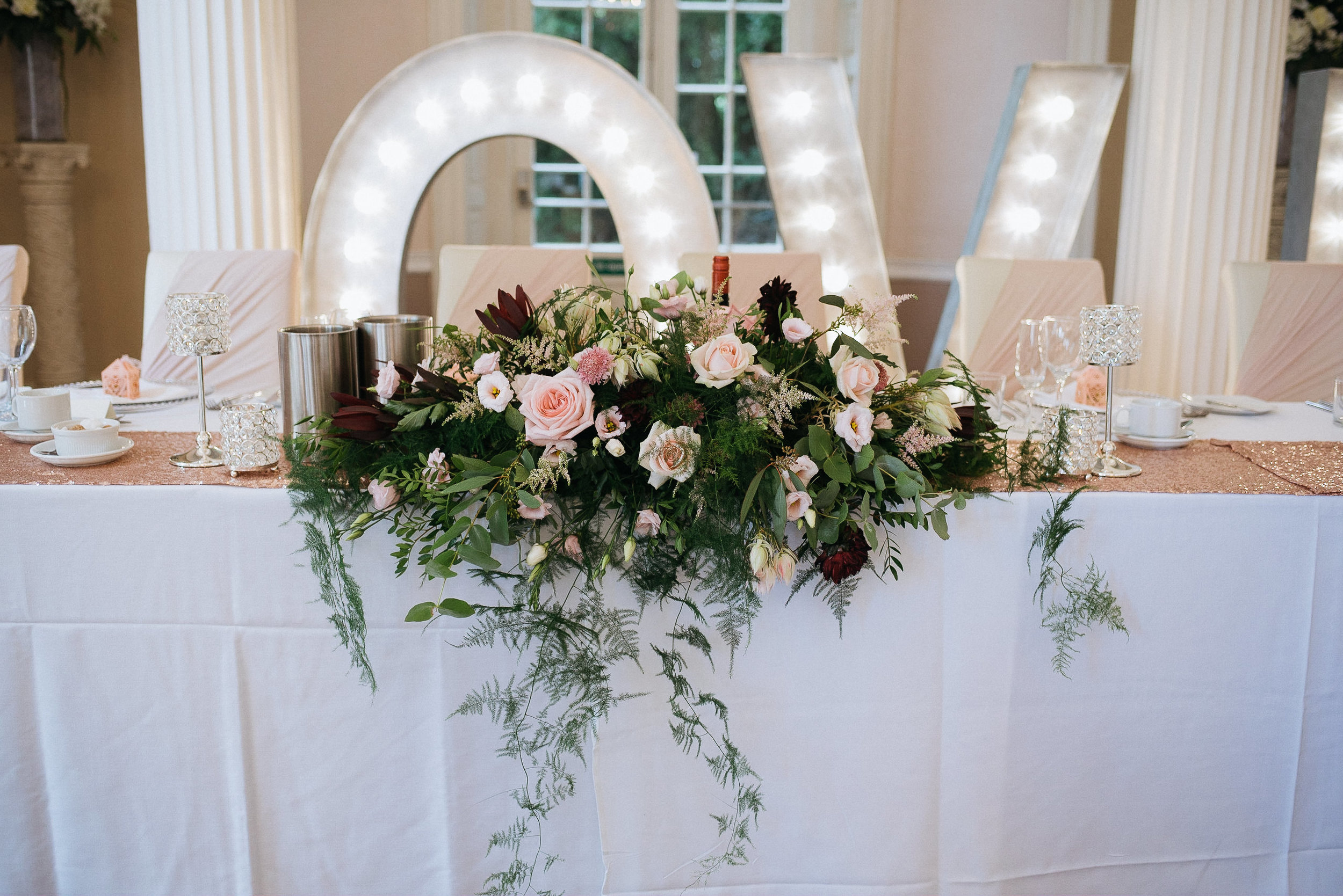 Wedding table bouquet at Colwick Hall wedding