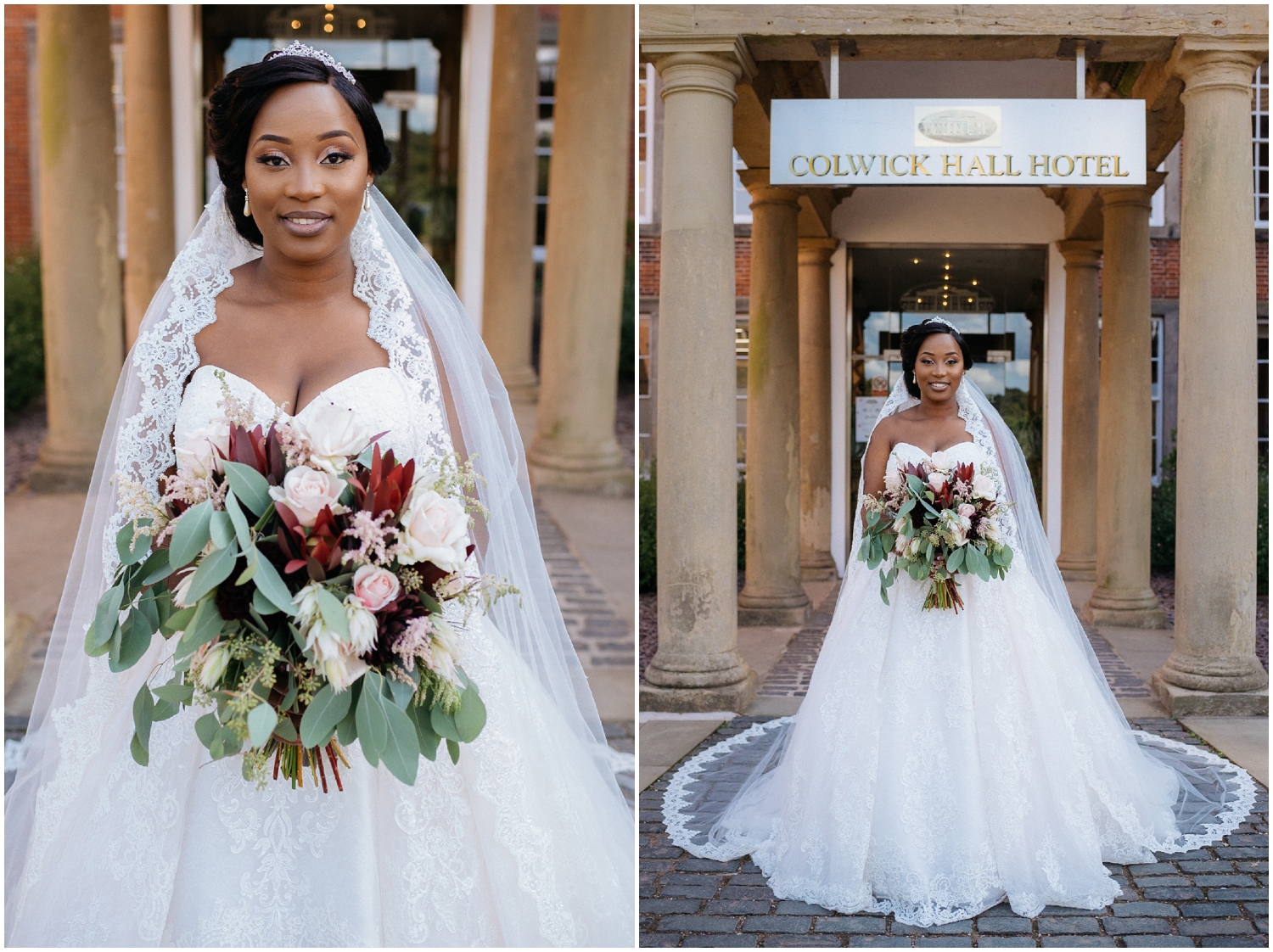 A portrait of the bride with her bouquet